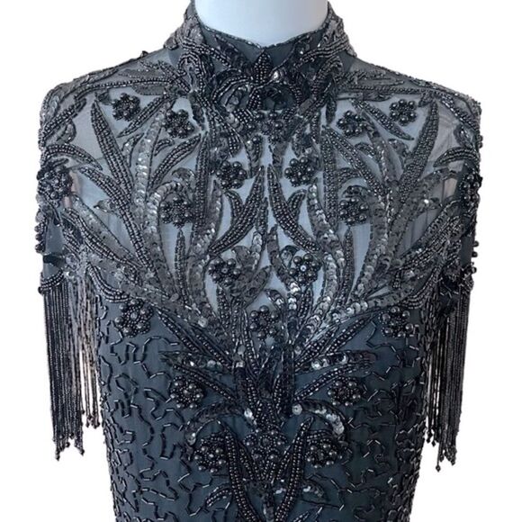 Vintage Nite Line Silk Beaded Fringe Cocktail Dress - Picture 3 of 13